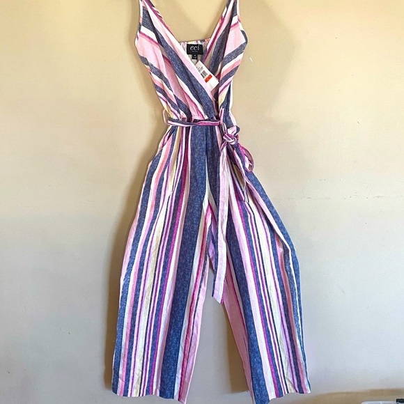 ECI NWT Stripped Wide Leg Linen Colorful Jumpsuit Size XS - Picture 3 of 11